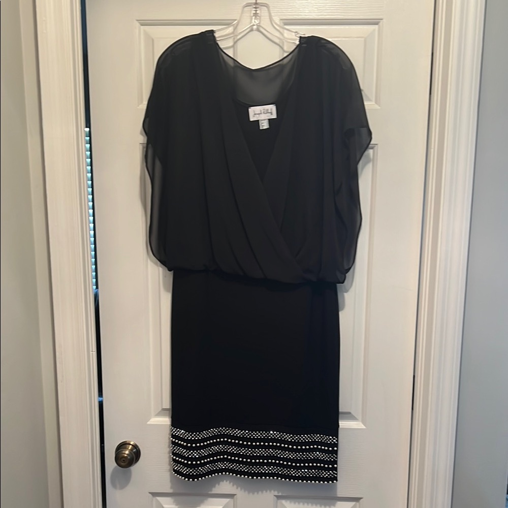 Joseph Ribkoff Black Dress with Sheer Overlay and Rhinestones and Pearls
